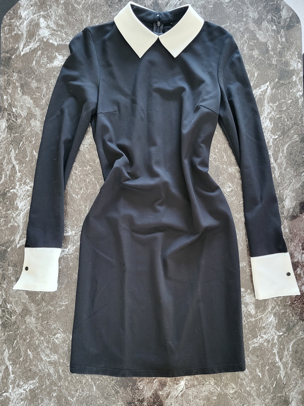 Coco Bella S Classic Black Long-Sleeve Midi Dress White Collar and Cuffs Formal
